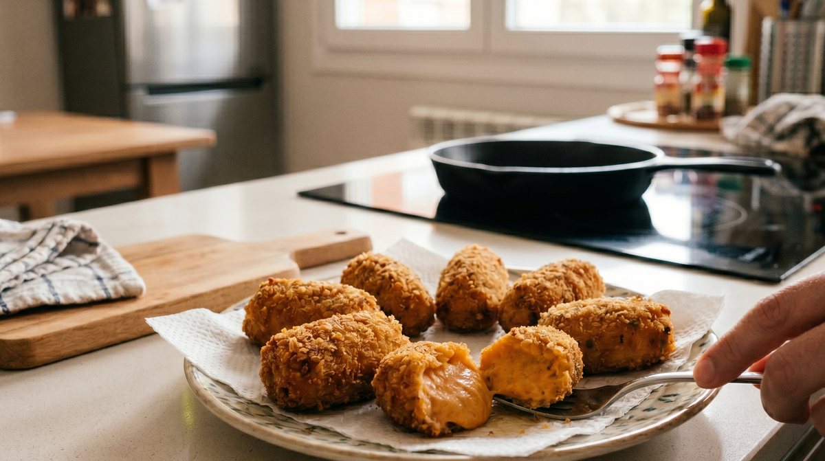 Croquetas de compango caseras recién fritas, con el interior cremoso de chorizo y morcilla